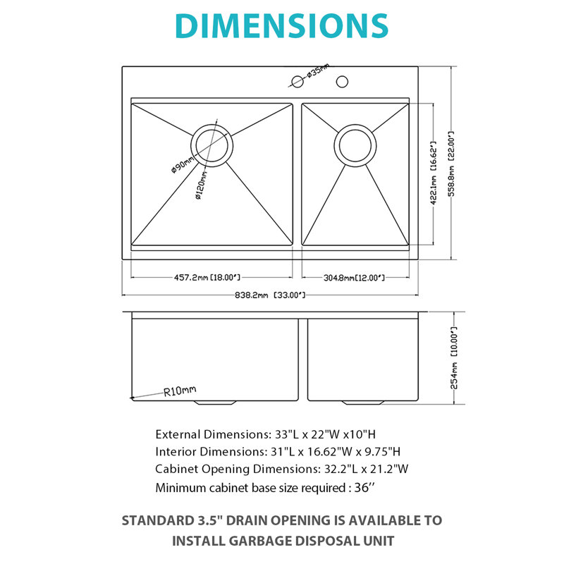 16 Gauge T304 Stainless Steel Double Bowl  60/40  Topmount Drop - In Kitchen Sink 33"x22"x10", Brushed Nickel Finish, X Shaped Water Flow Design, R10 Rounded Corner, Condensation Coating, 3mm Pad,