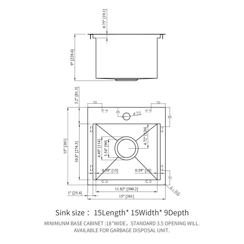 Évier de cuisine encastré 15 po, évier de poste de travail en acier inoxydable de calibre 16, cuve simple à montage sur le dessus, 15 po x 15 po x 9 po | Idée cadeau