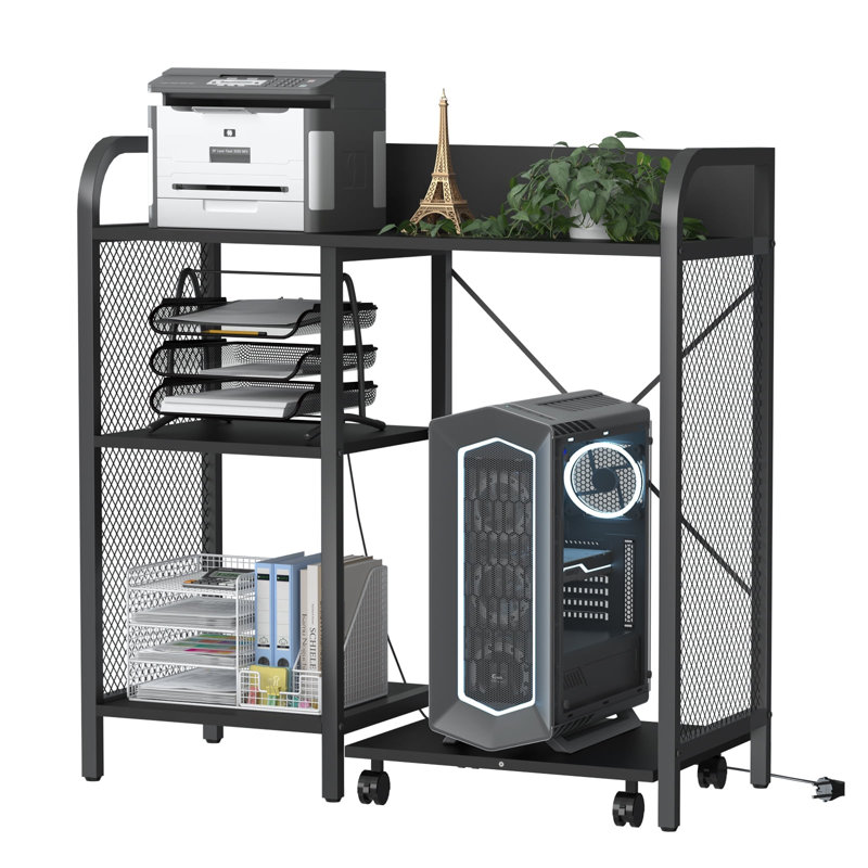 Black Metal and Wood Printer Stand with Storage and Power Outlet