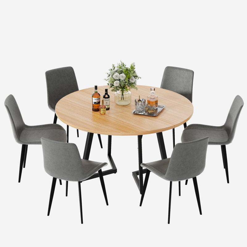 Ensemble de table de salle à manger Mid-Century, Bois naturel, 7, Gris
