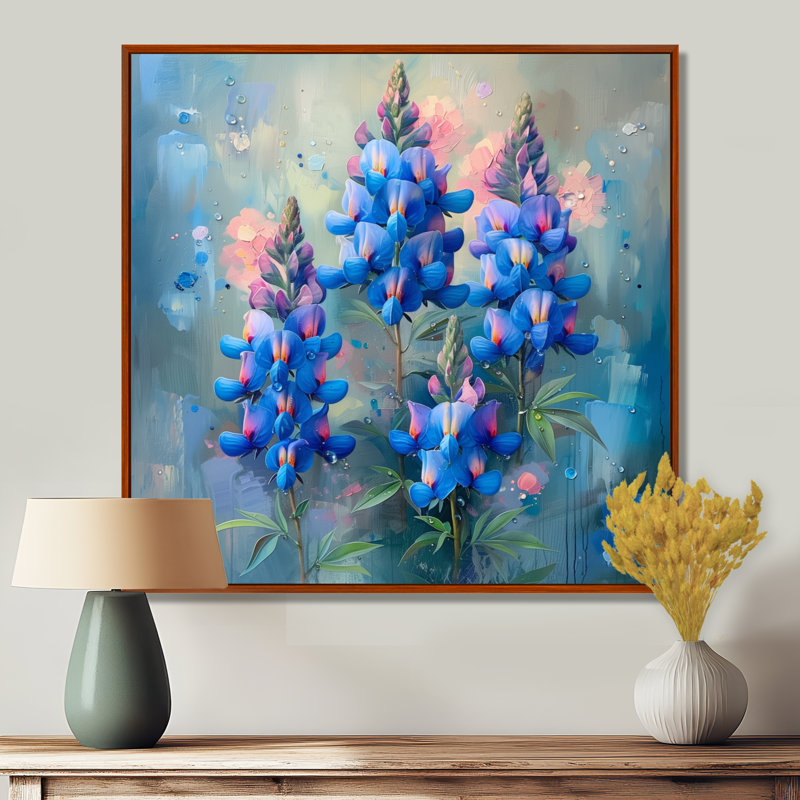 «Blue Pink Morning Dew Blue Bonnets» - décoration murale bonnets bleus, Toile avec cadre flottant brun
