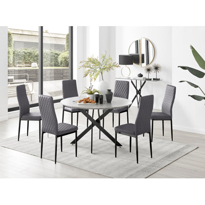 Tierra Modern Chrome Metal & Glass Round Dining Table Set with 6 Quilted Velvet Chairs