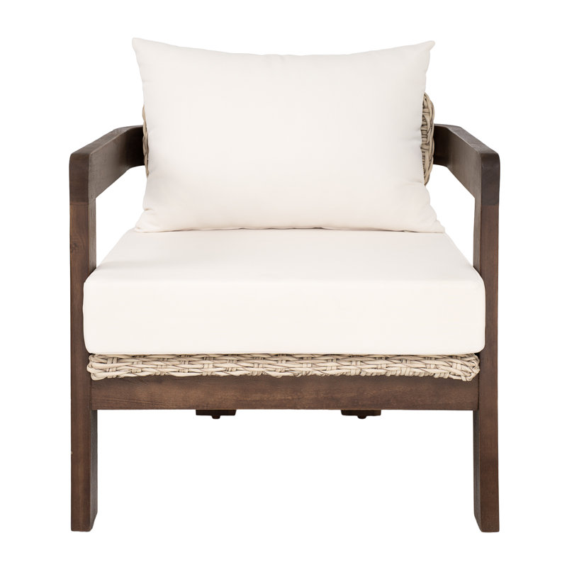 Fauteuil club de patio en bois d'acacia Tressa, 1, Coussin beige / osier gris clair + gris foncé