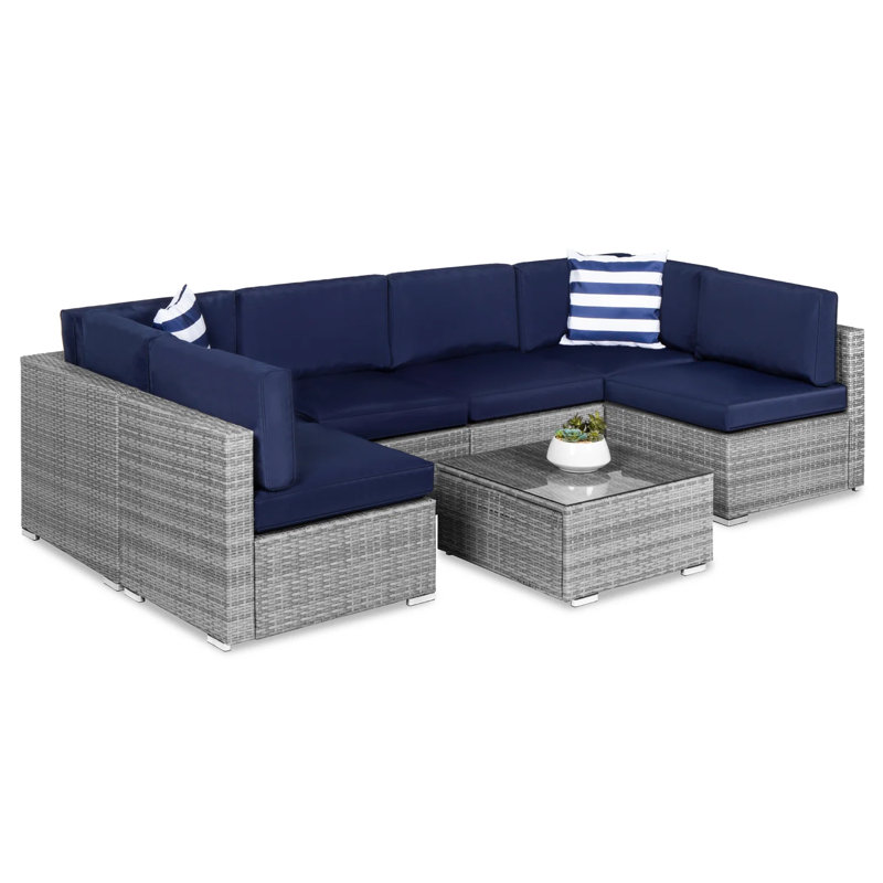 Gray and Navy 7-Piece Outdoor Wicker Sectional Set with Cushions