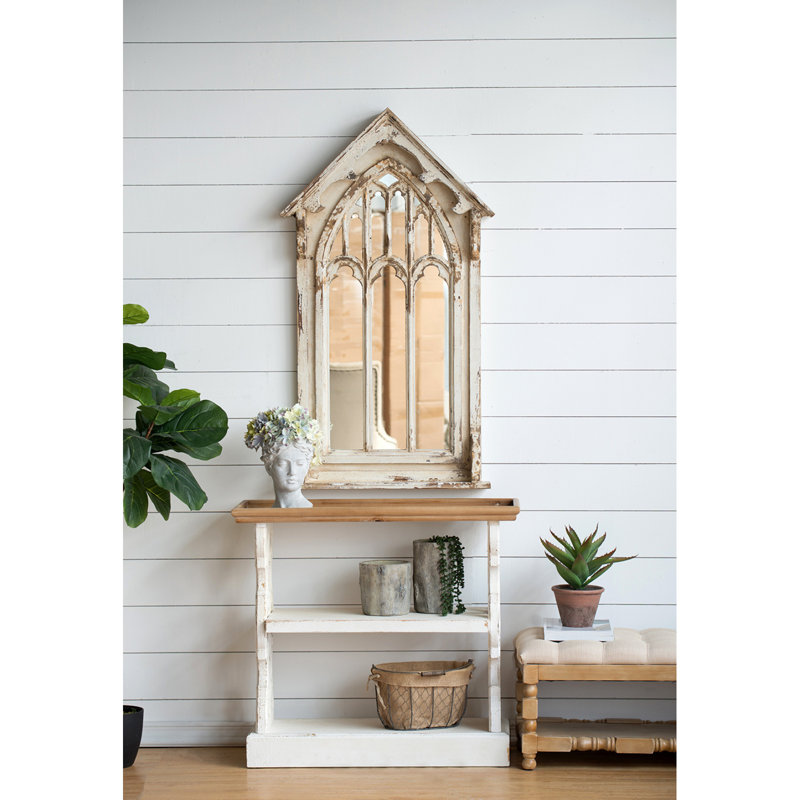 Console 35,5 po x 14 po x 32 po en bois vieilli blanc et naturel, console de style champêtre