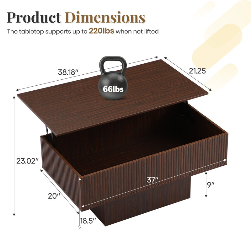 38.2" Lift Top Coffee Table With Storage And Led Lights, Modern Fluted Coffee Table For Living Room, Mid Century Rectangular Wooden Tea Table, Smart Lift Up Center Table For Apartment Or Office