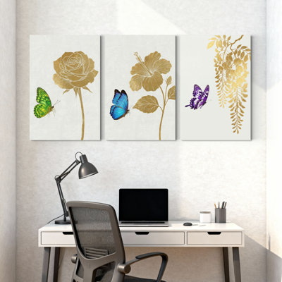 Plants &Flowers Golden Rose With Green Butterfly   Hibiscus Flower And Blue Butterfly   Wisteria Vine With Purple Butterfly Set of 3 Canvas Wall Art Prints
