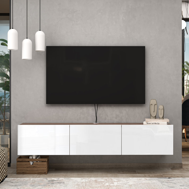 Meuble télé flottant Ronnye, Blanc brillant / chêne champêtre
