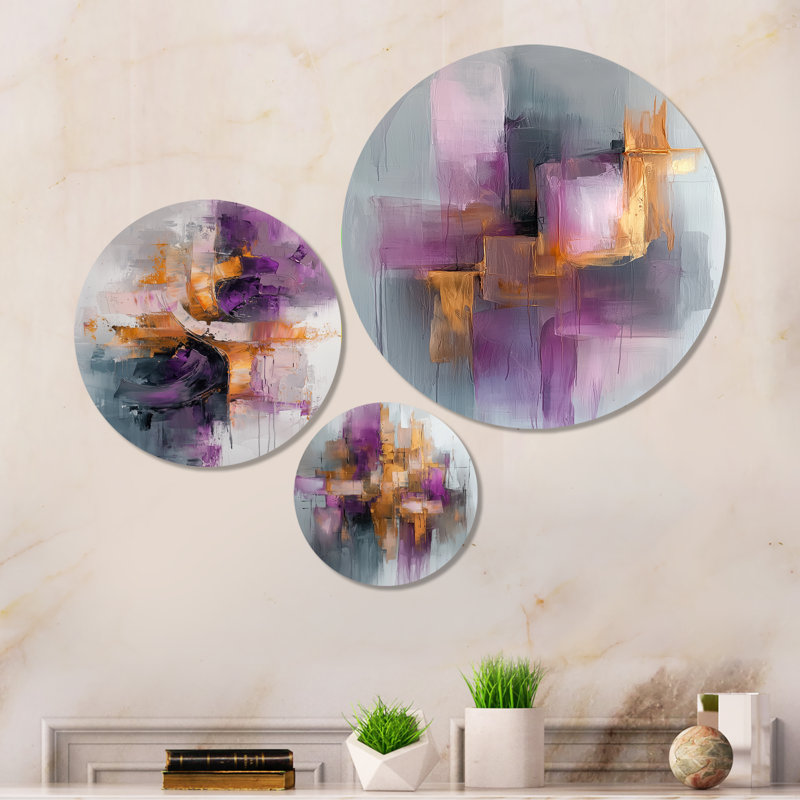 Mauve liquide encre Prismatic Maze I - ensemble moderne de 3 reproductions d'art mural en métal