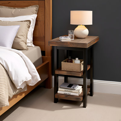 Rundell Rustic Industrial Natural 2-Shelf Solid Pine Wood End Table with Metal Legs, 17 in. L x 20 in. W x 27 in. H, Solid Wood Finish for Living Room Furniture