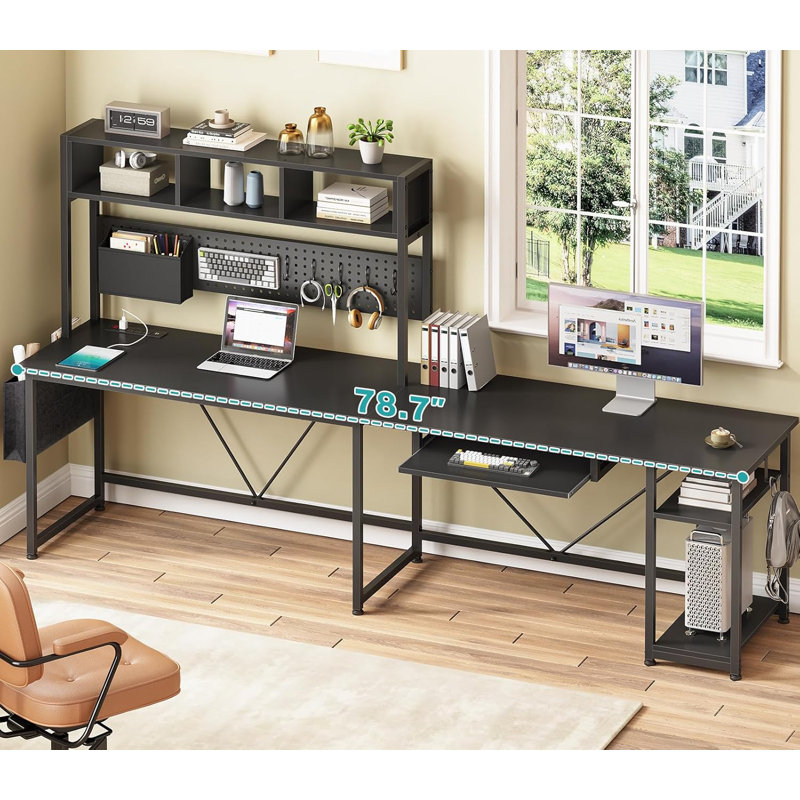 L Shaped Gaming Desk With Hutch, 57.5” Reversible Corner Computer Desk With Storage Shelves, Gaming Desk With Pegboard, Led Lights, Power Outlet, Keyboard Tray