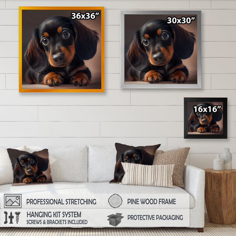 Mignon chiot teckel - impression de chien teckel, Impression noire sur toile encadrée, H 16 po x l 16 po x P 1 po