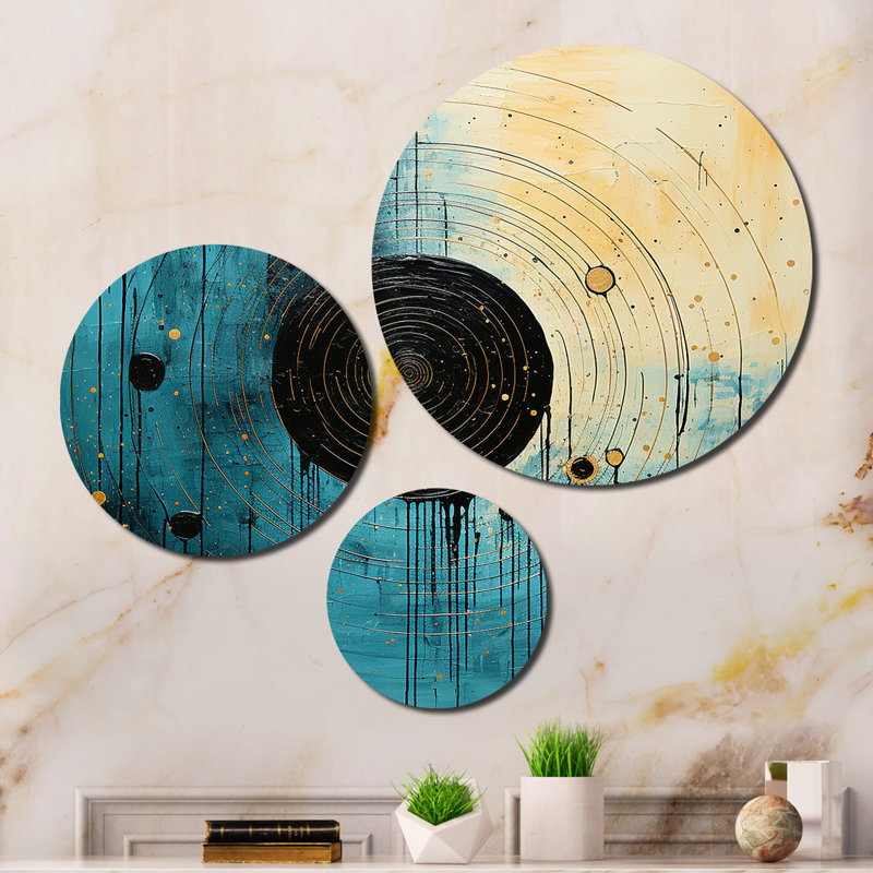 Teal and Black Minimalism Moon I - Abstract Collages Metal Art Print Set