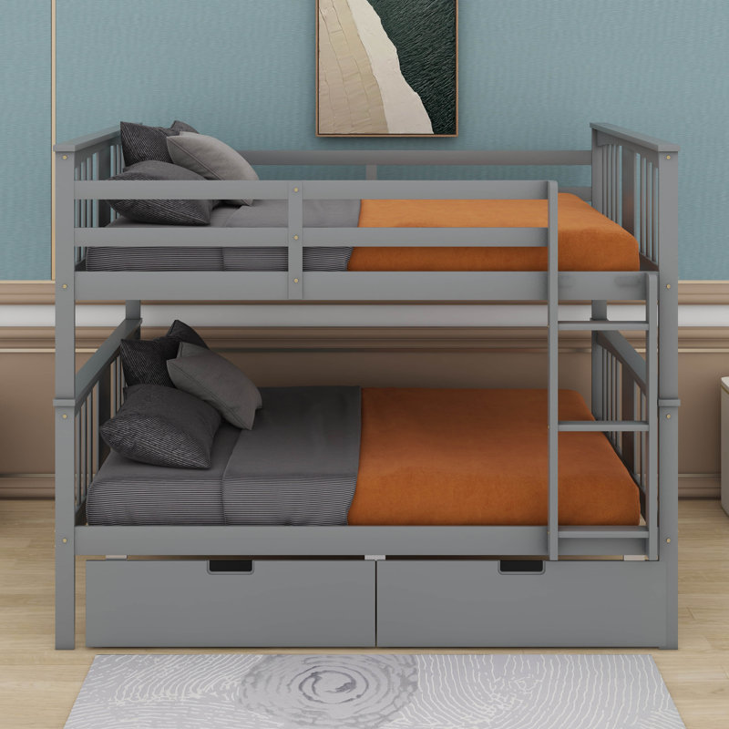 Full Over Full Bunk Bed With Drawers And Ladder, Gray