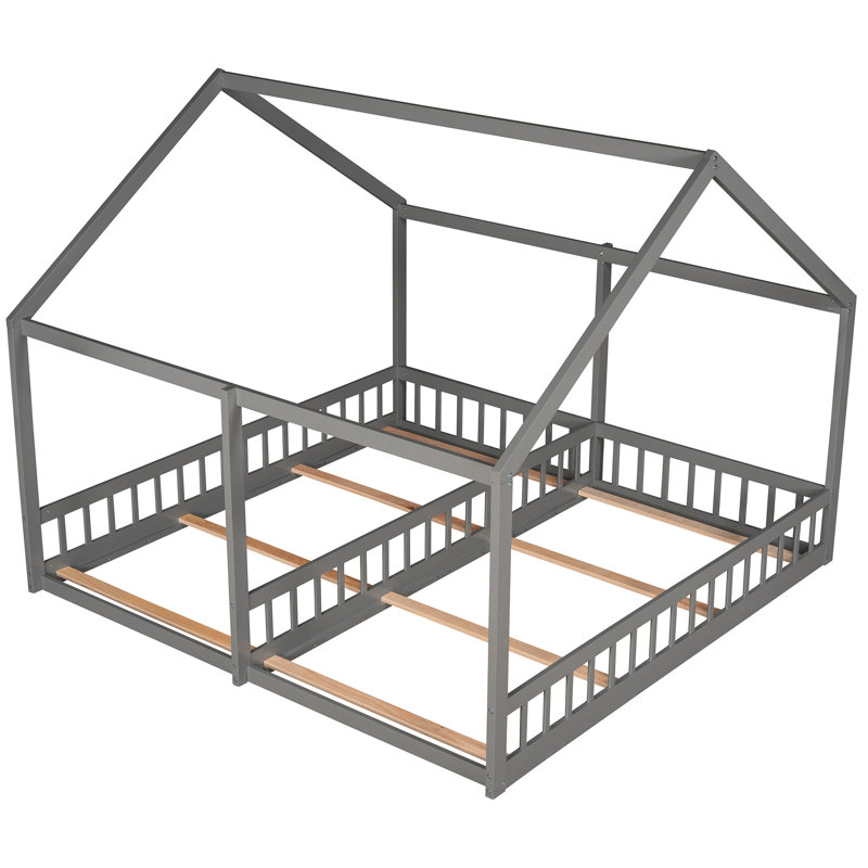 Lits plateforme simple de taille simple en gris - 2 côte à côte, construits en bois de pin ferme et lits de garde-corps, gris et robustes