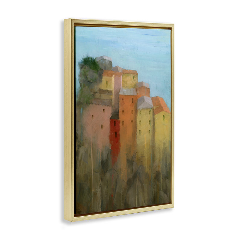 «Tall Seaside Architecture», toile flottante encadrée par Stephen Mitchell, Cadre flottant métallique doré, H 25 po x l 17 po