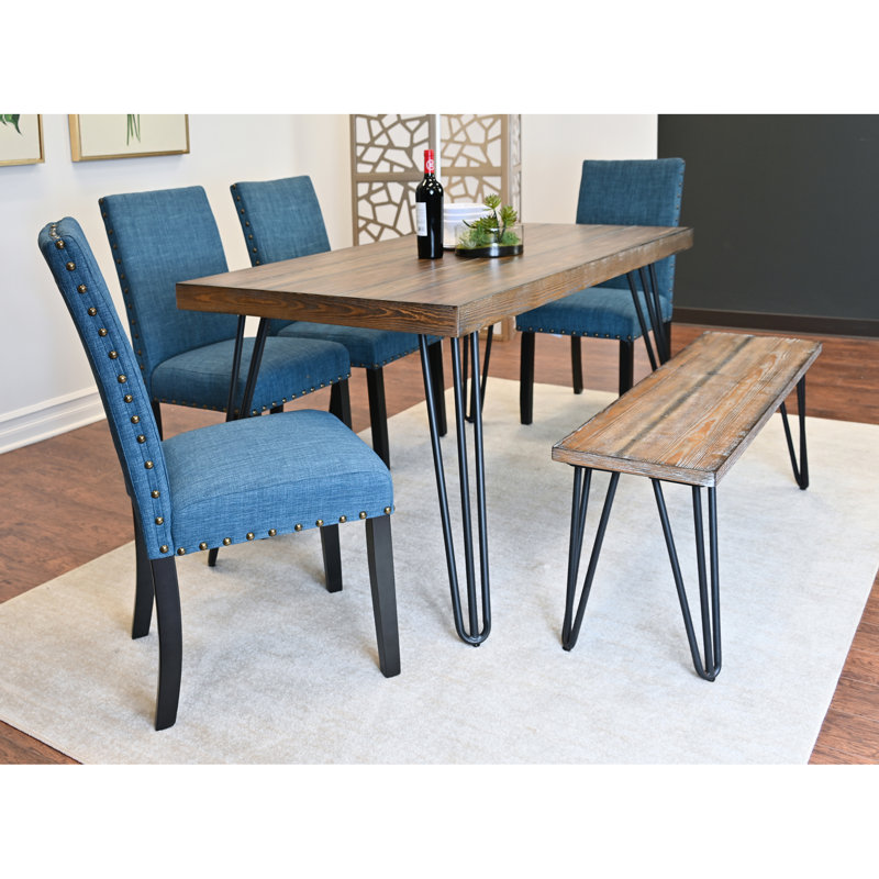 6 ensembles de salle à manger: table en épingle recouverte de tissu, 4 chaises et banc, surface en pin foncé, rectangulaire, sièges 6 dans la pièce 6: apparence du siège rembourré, pour