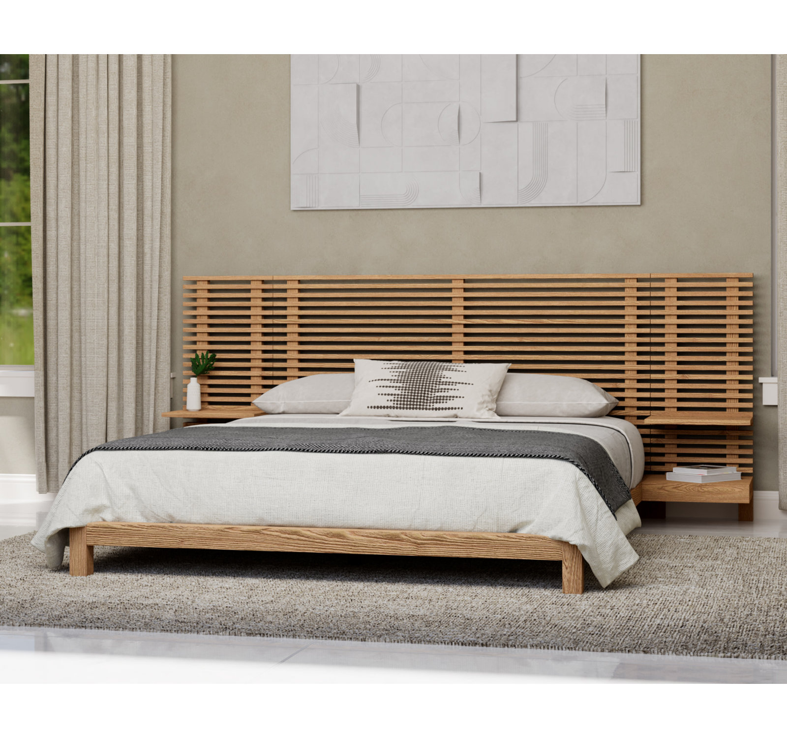 Finnian Solid Wood Panel Storage Bed, King, Light Oak