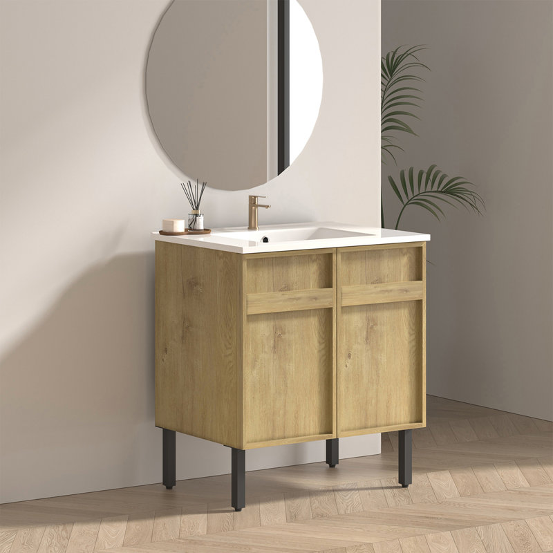 Meuble-lavabo sur pied de 30 pouces avec panneau rainuré 3D et lavabo en céramique intégré