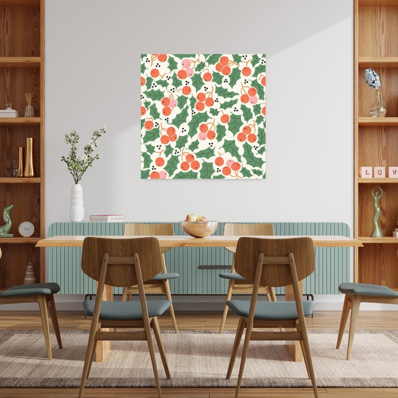 Christmas Holly Pattern Abstract Traditional Nature Winter Wall Art Print by Annick - Wrapped Canvas Print