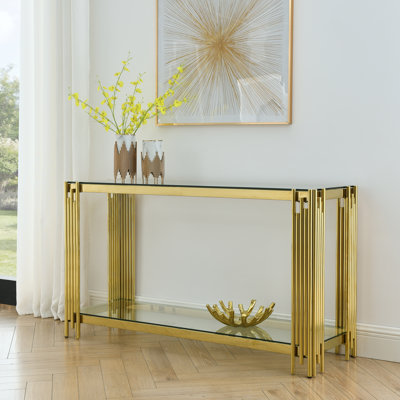 Aaradhya Wood Storage Console Table with Sturdy Metal Frame and Tempered Glass Top