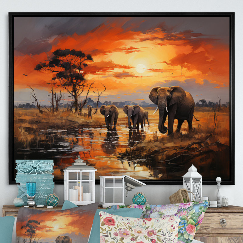 «Elephant Wandering Giants II», reproduction sur toile, H 30 po x l 40 po x P 1,5 po, Cadre flottant noir