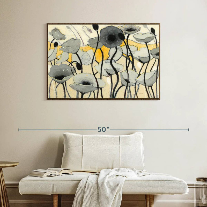 Fleur de jour de neige gris, Cadre flottant en noyer, 40 po x 27 po
