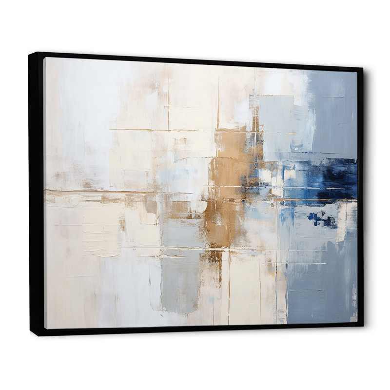 Peinture blanche et bleue Fusion - peinture abstraite, art mural, H 34 po x l 44 po x P 1,5 po, Cadre flottant noir