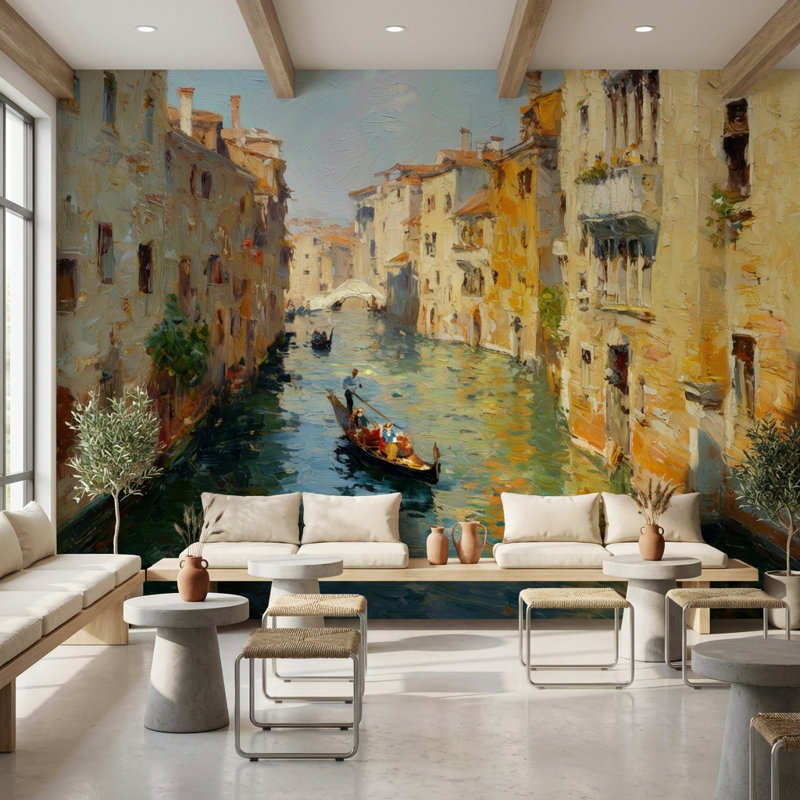 Décoration murale impressionniste Venise, 100 po x 96 po, Peler et coller