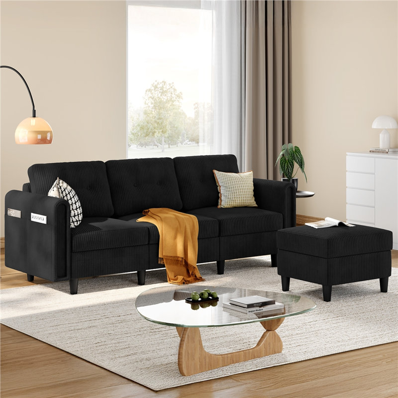 Sectional Sofa with Ottoman Reversible 3-Seater Chaise Lounge, Corduroy Black