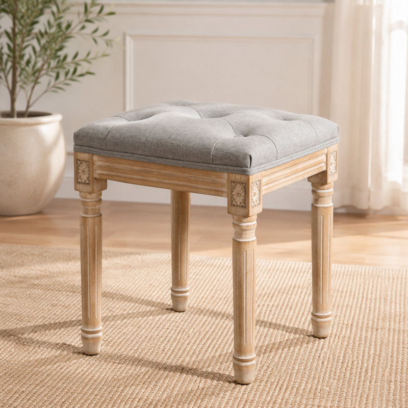 Tabouret de coiffeuse touffeté avec revêtement en lin et pieds sculptés en bois massif, banc d'habillage pour chambre à coucher, gris