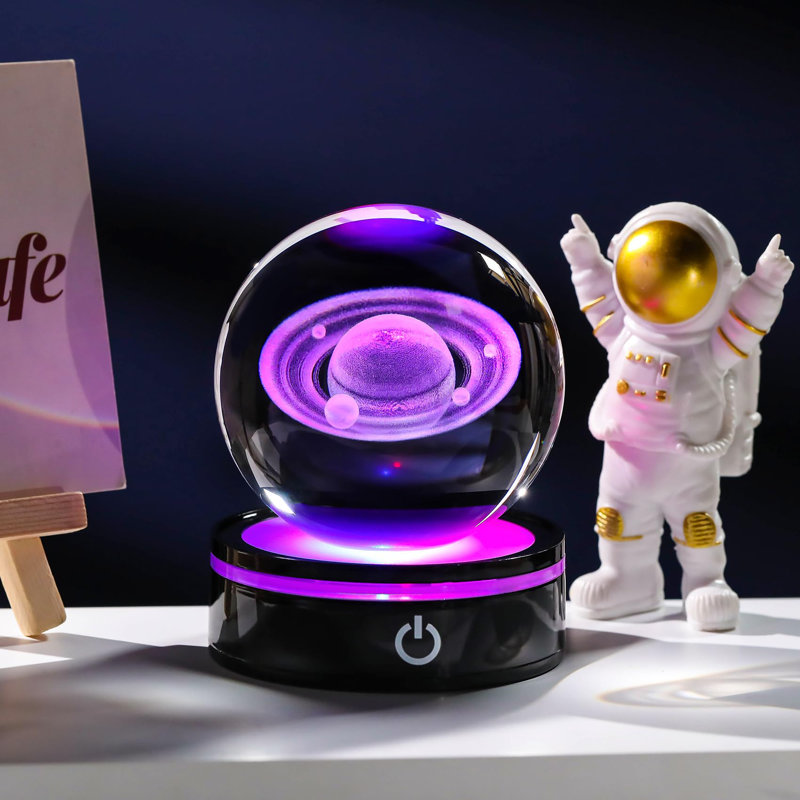 3D Saturn Crystal Ball with LED Base, Laser Engraved Glass Sphere for Gift.