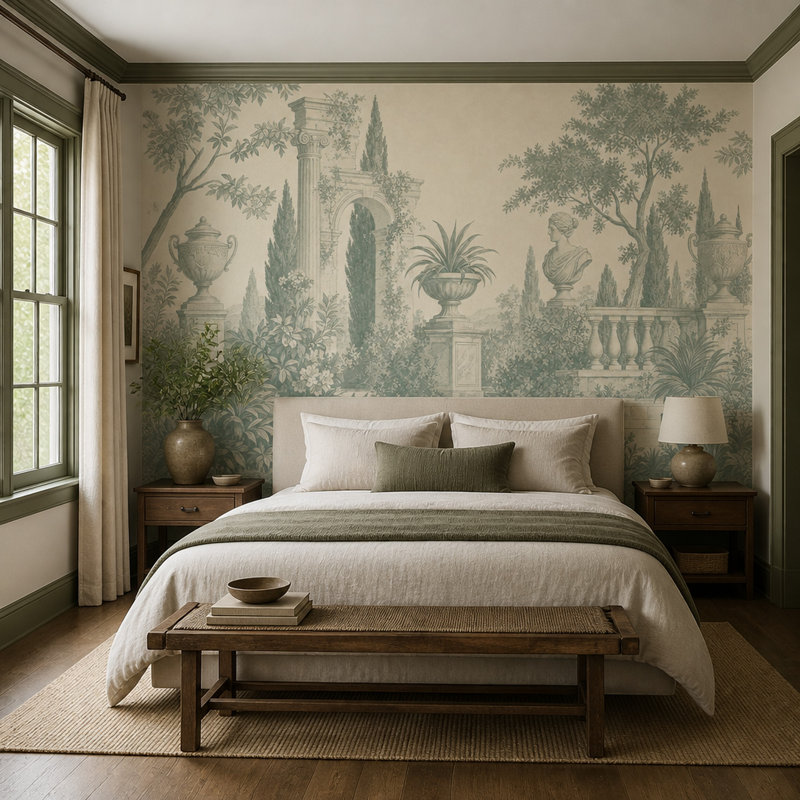 Papier peint toile de Jouy, fresque murale classique de jardin méditerranéen, 160 po x 108 po, Texturé non collé