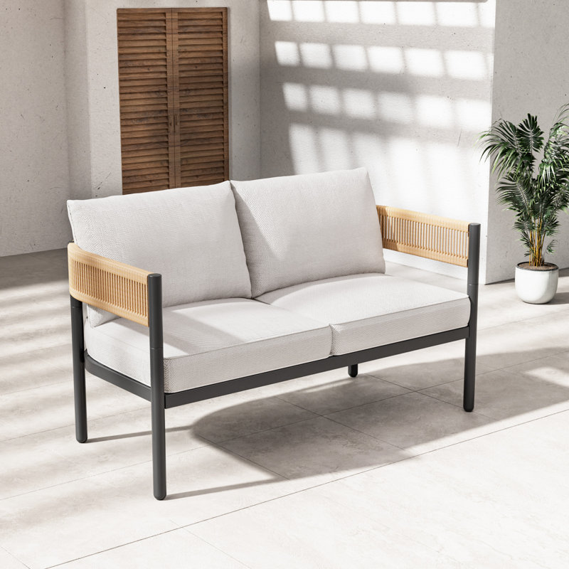 Causeuse d'extérieur en osier Maine Défino, Coussin blanc / accoudoir naturel