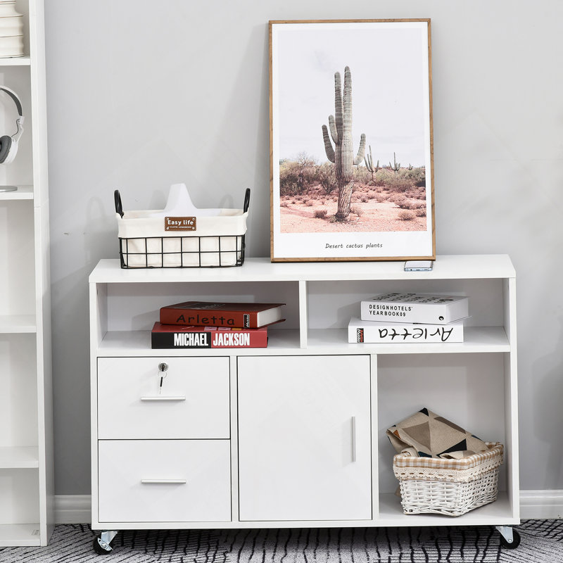 Printer Stand Home Office Mobile Cabinet Organizer Desktop With Caster Wheels,  Locking Breaks And Drawer,