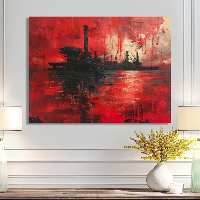 Red Black Petrochemical Pulse Oil Rig - Oil Rigs / Fields, art mural, Métal métal, H 16 po x l 32 po x P 1 po