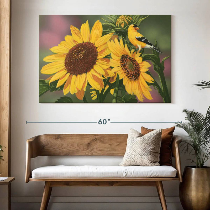Harnek chardonneret et tournesols, H 34 po x l 51 po