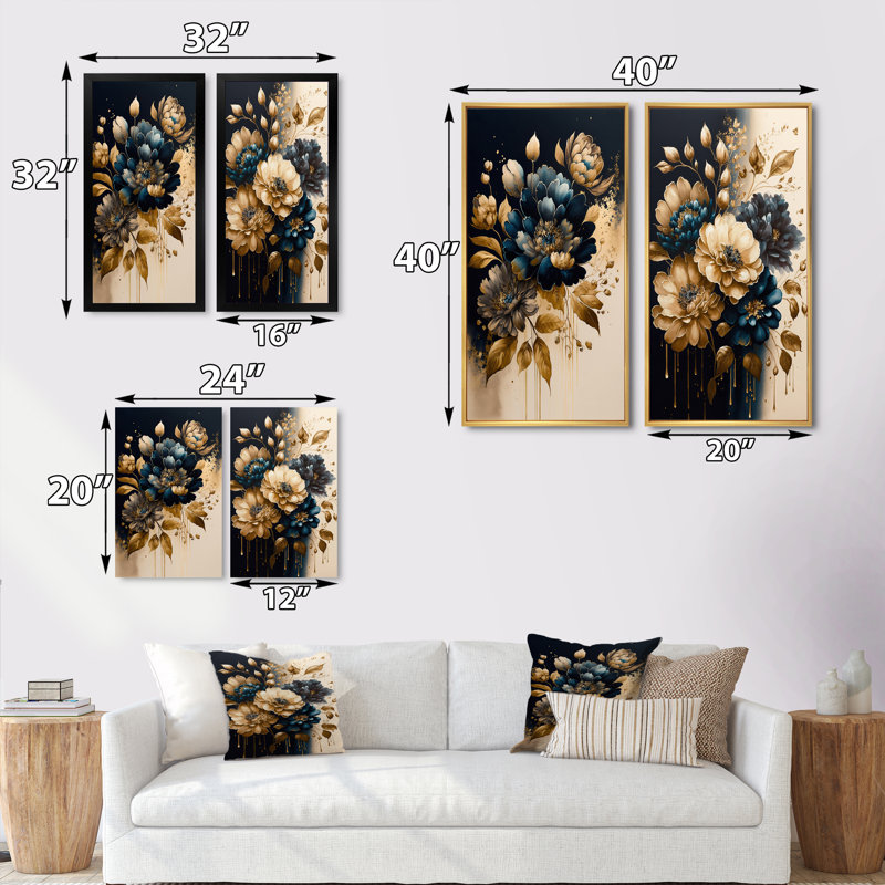 «Blue and Gold Zinnia Flowers II», ensemble de 2 reproductions, H 40 po x l 40 po, Toile tendue