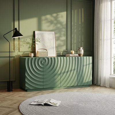 Meuble télé moderne et console multimédia avec armoire de rangement à 4 portes, portes texturées 3D et tablettes réglables