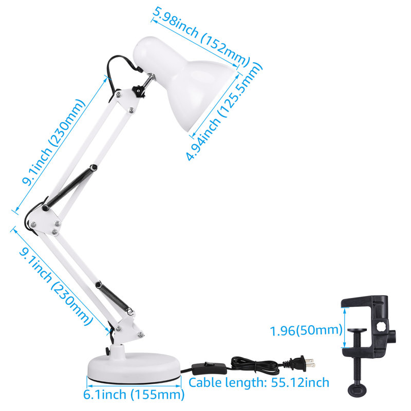 Stelly Metal Adjustable Desk Lamps, Swing Arm Architect Desk Lamp with Clamp for Home Office, White