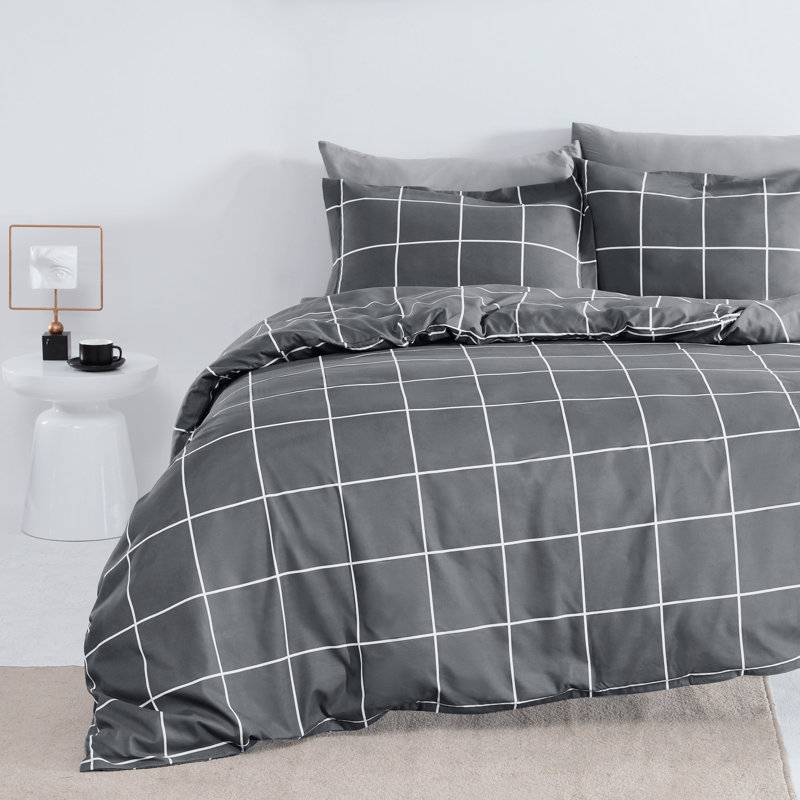 Twill Floral Duvet Cover, White Grid On Black, King Duvet Cover + 2 King Shams