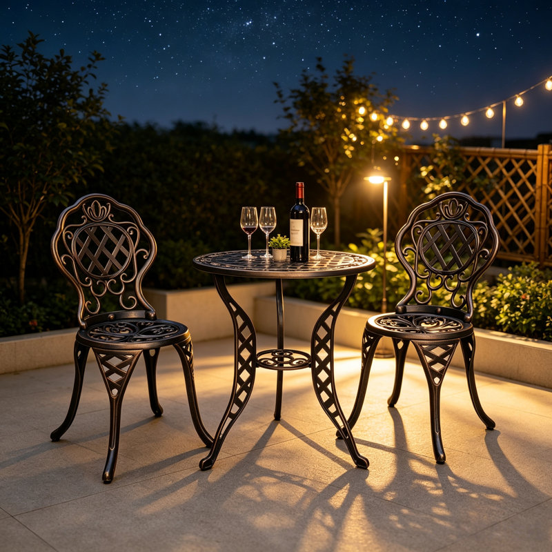 Ensemble bistro en fonte d'aluminium pour 2 personnes avec table ronde et 2 chaises de salle à manger pour balcon et jardin