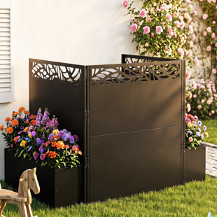 Air Conditioner Fence, 3 Panels Metal Privacy Screen with Planter Box, Black Outdoor AC Unit Cover, 40.7" W x 39.5" H, Garden Fence Enclosure