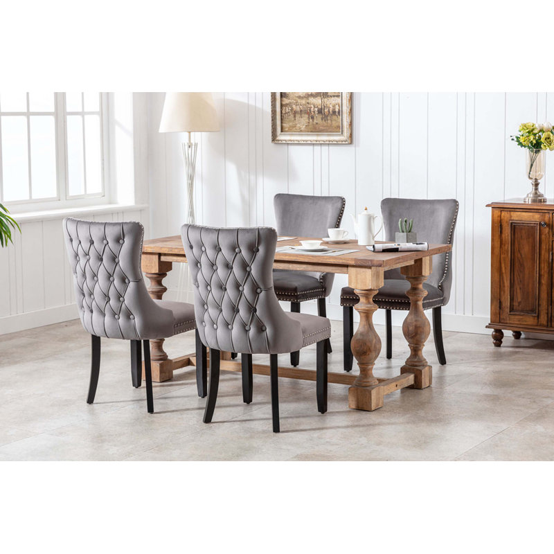 Friedhard Upholstered Wing-Back Dining Chair with Backstitching Nailhead Trim and Solid Wood Legs,Set of 2, Gray