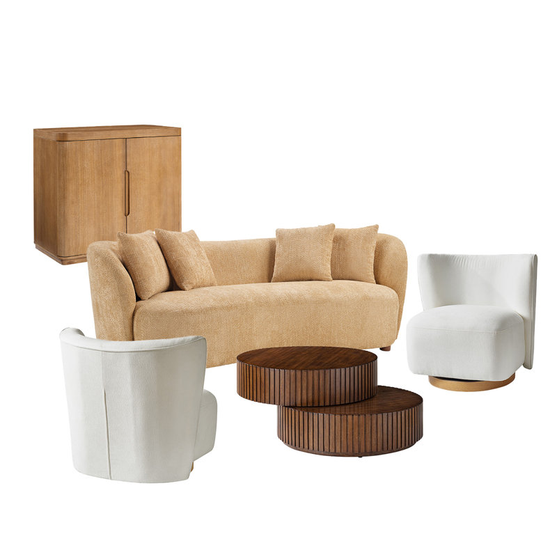 Ensemble de salon moderne 5 pièces avec canapé, table basse, fauteuil et armoire Bhavin, Chameau / blanc