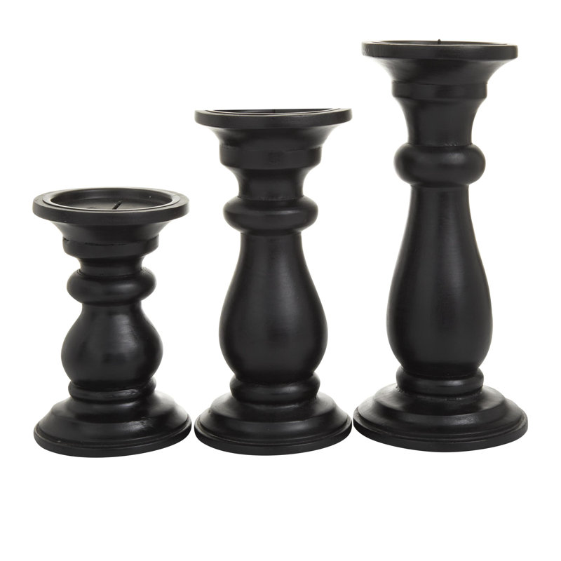 Mango Wood Turned Style Pillar Decorative Candle Holder Set, Gold