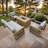 Milano 4-Piece Brown Wood-look Aluminum Outdoor Set with a Fire Pit Table a Three-Seat Sofa 2 Lounge Chairs and Cast Ash Cushions