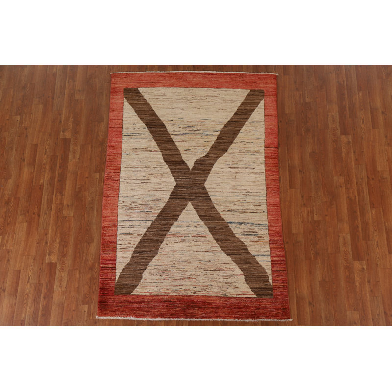 Tapis unique en laine noué à la main de 4 pi 4 po x 6 pi 6 po rouge / beige / brun