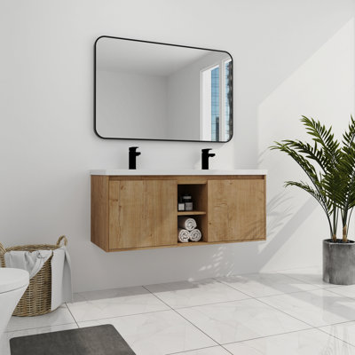 Meuble-lavabo mural 48 po avec lavabo double, charnière de porte à fermeture en douceur