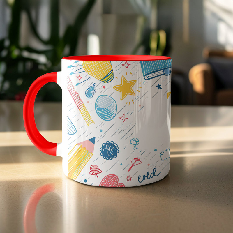 Kids Drawing Style 11oz Accent Mugs – Ceramic Coffee Cup with a Red Handle and Interior
